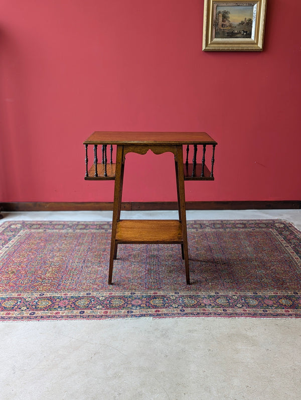 Antique Arts & Crafts Oak Side Table with Bookshelves