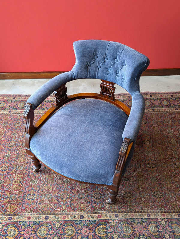 Antique Victorian Mahogany Blue Tub Chair