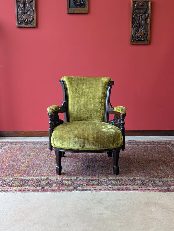 Antique Victorian Green Upholstered Mahogany Easy Chair / Cocktail Chair