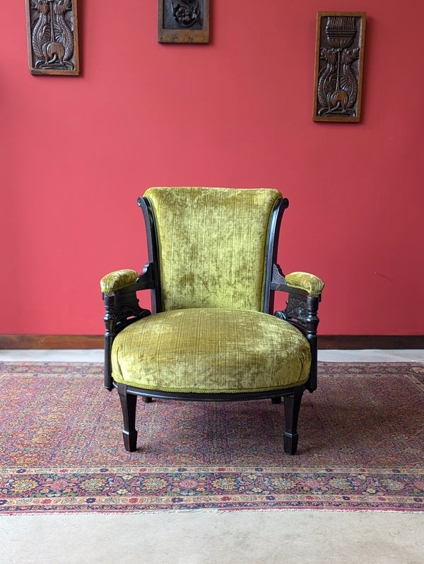 Antique Victorian Green Upholstered Mahogany Easy Chair / Cocktail Chair