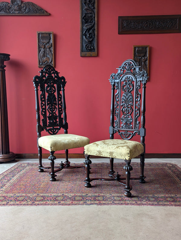 Pair of Antique Late 19th Century Oak William & Mary Style High Back Side Chairs