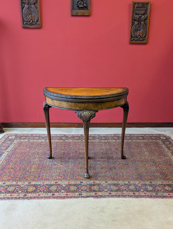 1930’s Burr Walnut Fold Over Demilune Card Table