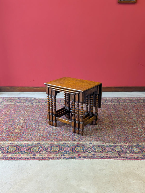 Antique Early 20th Century Oak Bobbin Nest of Tables