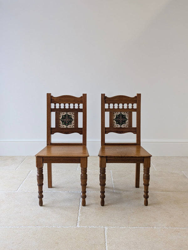 Antique Victorian Oak Side Chairs with Ceramic Tile Backs c.1890