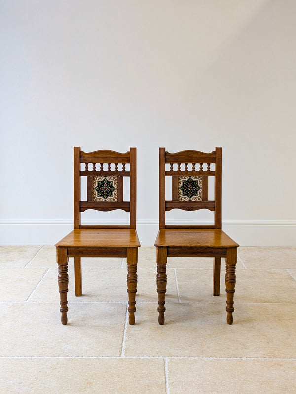Antique Victorian Oak Tile-Back Hall Chairs c.1890