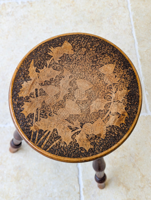 Antique Late Victorian Beech & Ash Pokerwork Stool c.1890