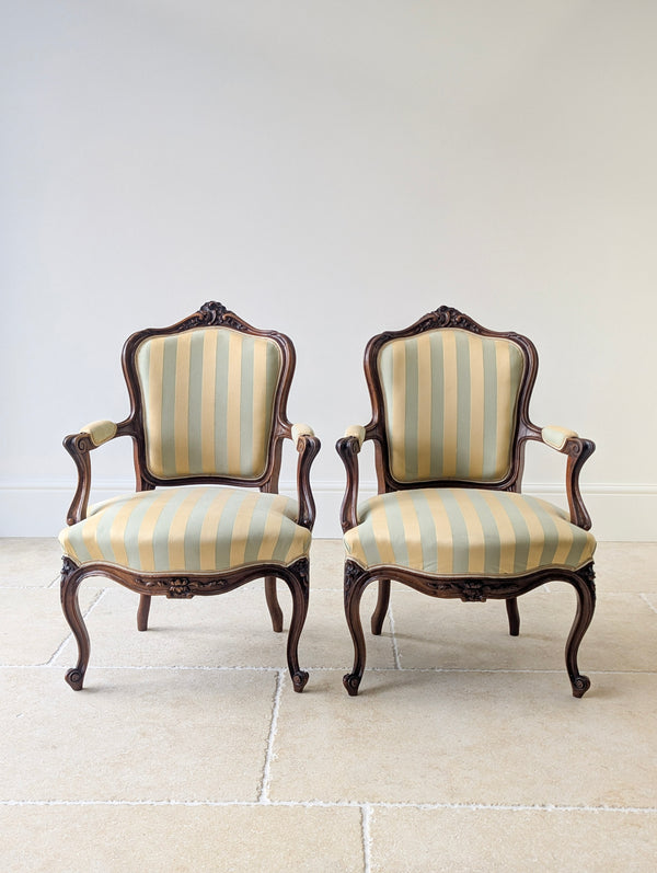Pair of Antique Victorian Walnut Louis XV Style Open Armchairs c.1880