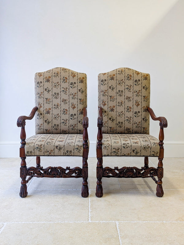 Pair of Antique Victorian Walnut Open Armchairs c.1890
