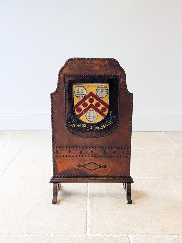 Antique Oak & Leather Malvern College Heraldic Fire Screen c.1920
