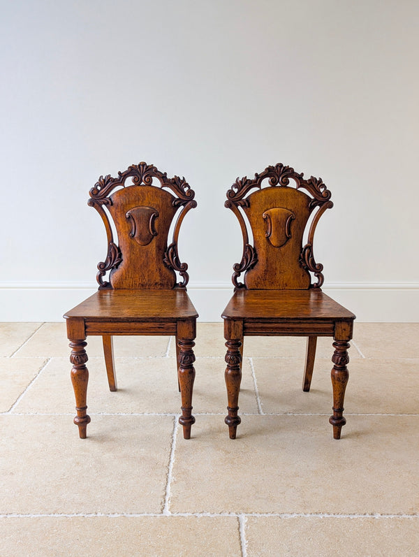 Pair of Antique Victorian Oak Hall Chairs c.1870