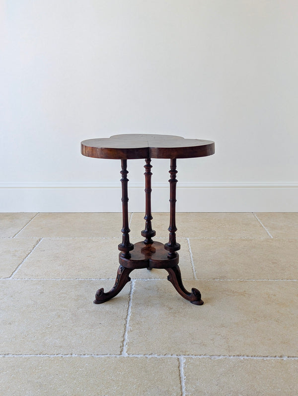 Antique Victorian Burr Walnut Trefoil Occasional Table c.1860