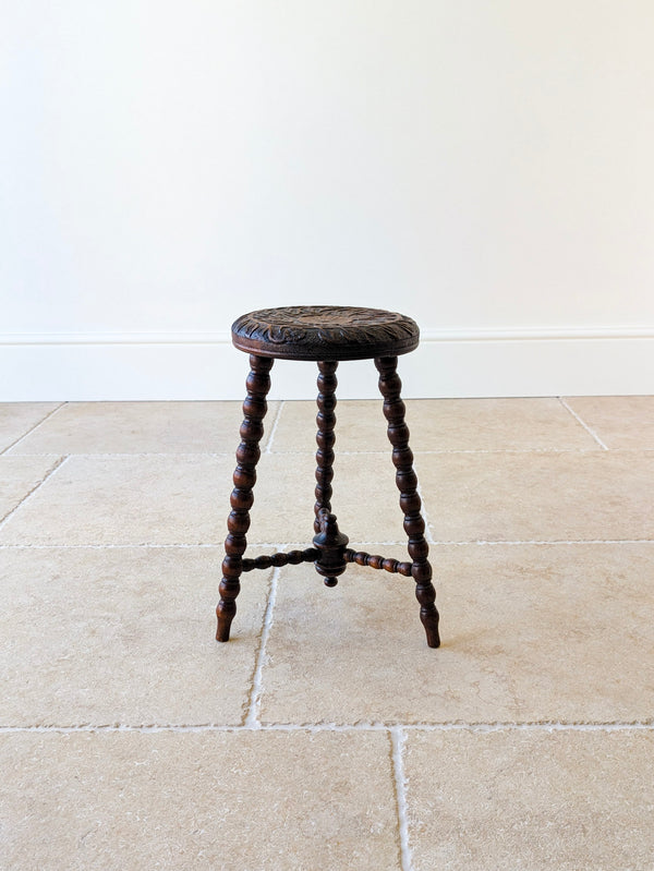 Antique Victorian Carved Oak Tripod Stool c.1890