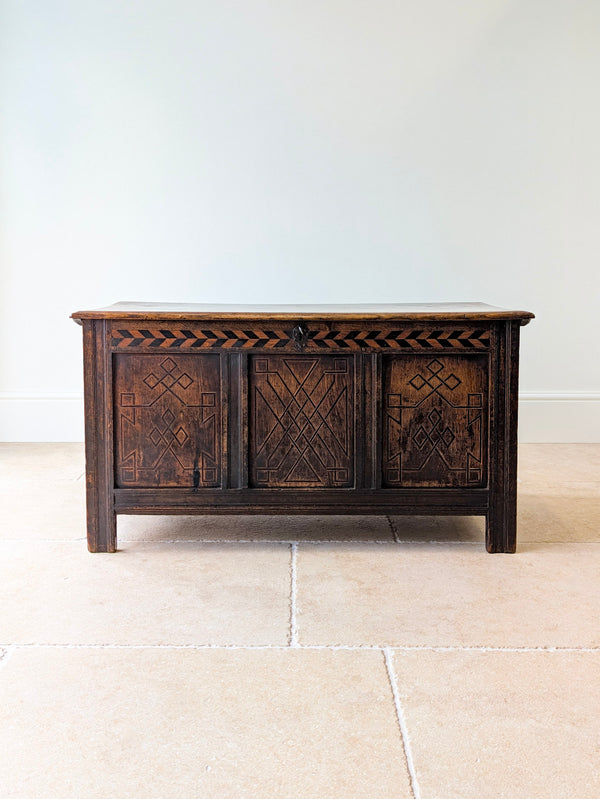 Antique Charles II West Yorkshire Inlaid Oak Coffer c.1680