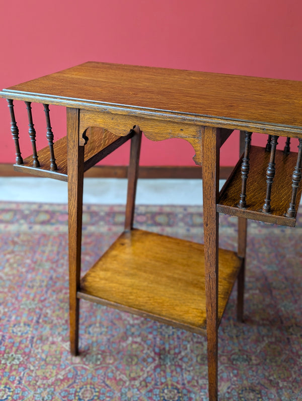 Antique Arts & Crafts Oak Side Table with Bookshelves