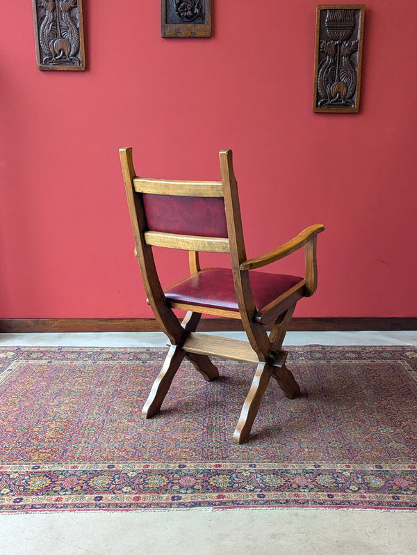 Mid Century Brutalist X-Frame Oak Desk Chair / Elbow Chair