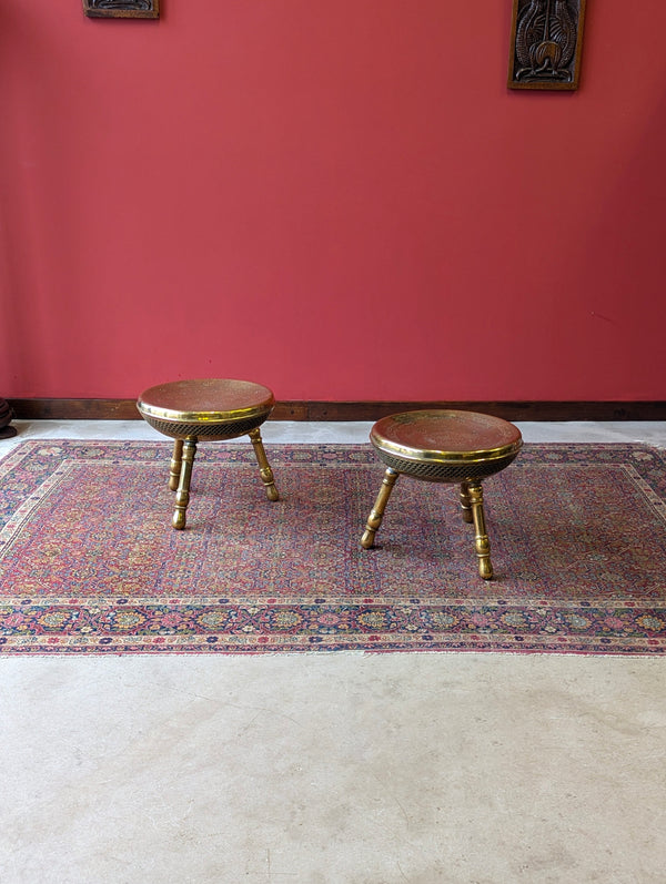 Pair of Antique Early 20th Century Engraved Brass Tripod Stools