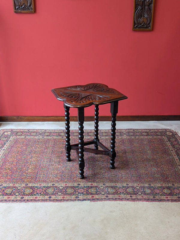 Antique Victorian Carved Oak Bobbin Drop Leaf Occasional Table