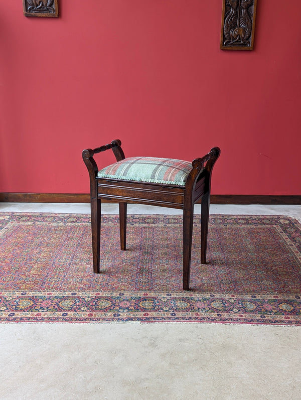 Antique Edwardian Dark Mahogany Tartan Upholstered Piano Stool with Storage