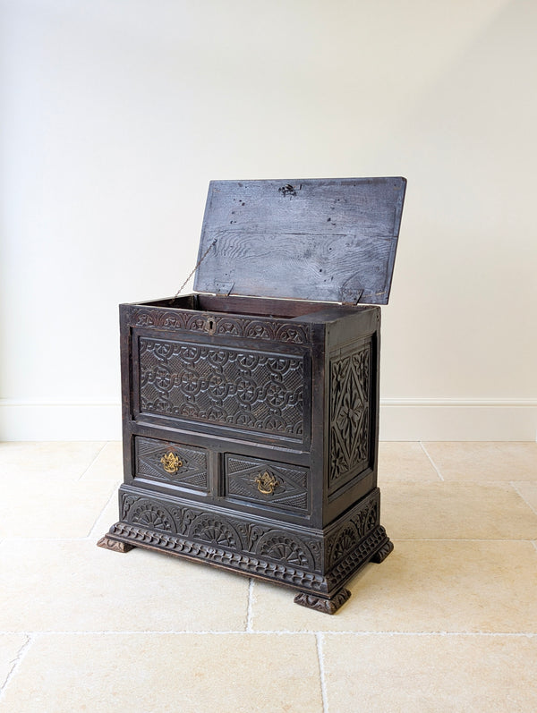 Antique Late 17th Century Carved Oak Mule Chest c.1680