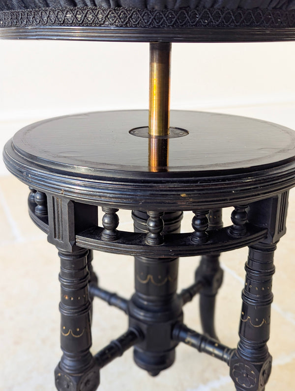 Antique Victorian Ebonised Aesthetic Movement Adjustable Piano Stool c.1880