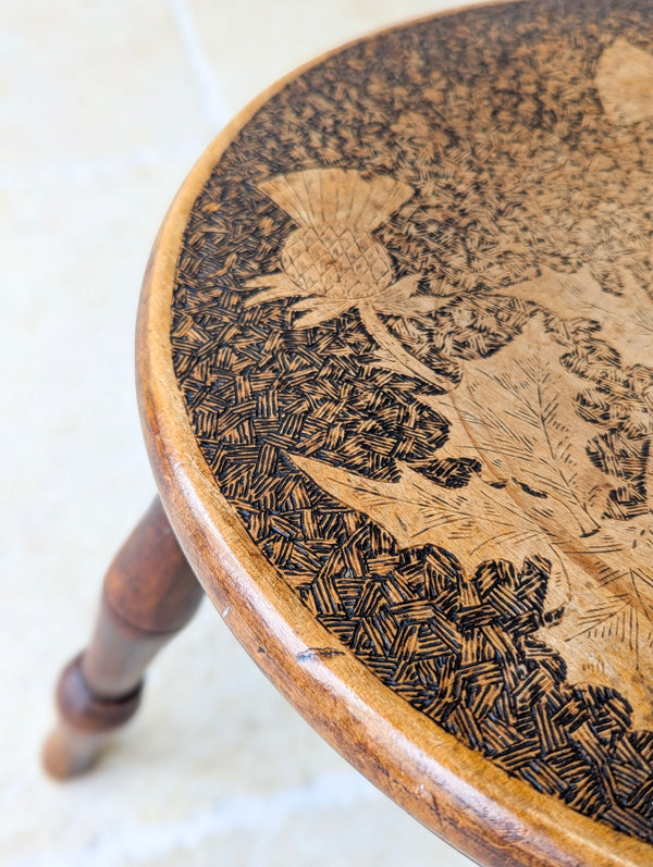 Antique Late Victorian Beech & Ash Pokerwork Stool c.1890