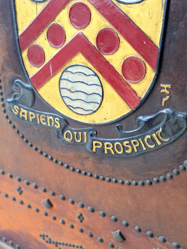 Antique Oak & Leather Malvern College Heraldic Fire Screen c.1920