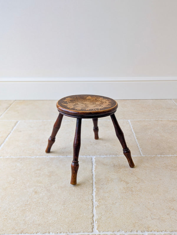 Antique Late Victorian Beech & Ash Pokerwork Stool c.1890