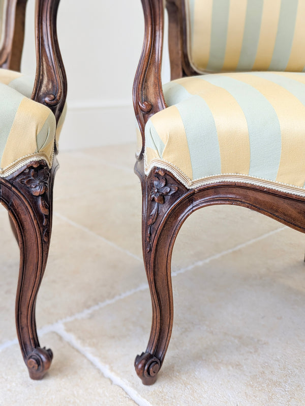 Pair of Antique Victorian Walnut Louis XV Style Open Armchairs c.1880