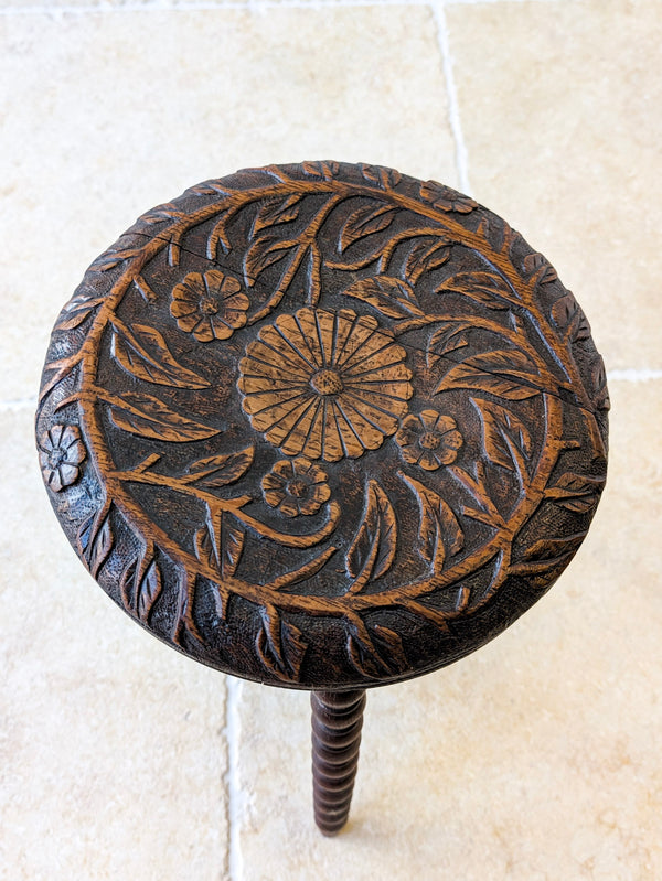 Antique Victorian Carved Oak Tripod Stool c.1890