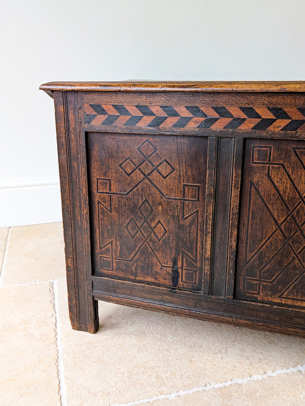 Antique Charles II West Yorkshire Inlaid Oak Coffer c.1680