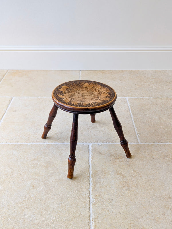 Antique Late Victorian Beech & Ash Pokerwork Stool c.1890