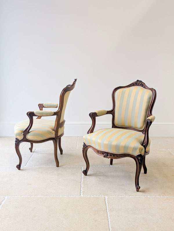 Pair of Antique Victorian Walnut Louis XV Style Open Armchairs c.1880