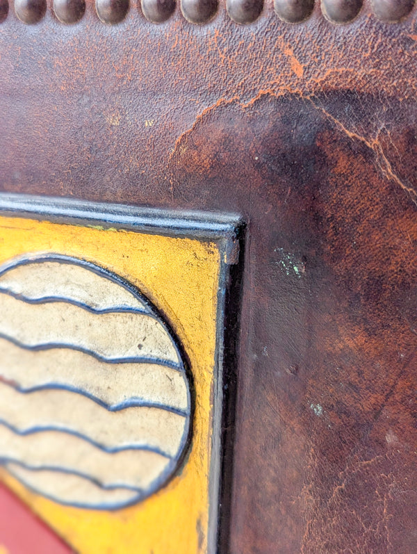 Antique Oak & Leather Malvern College Heraldic Fire Screen c.1920