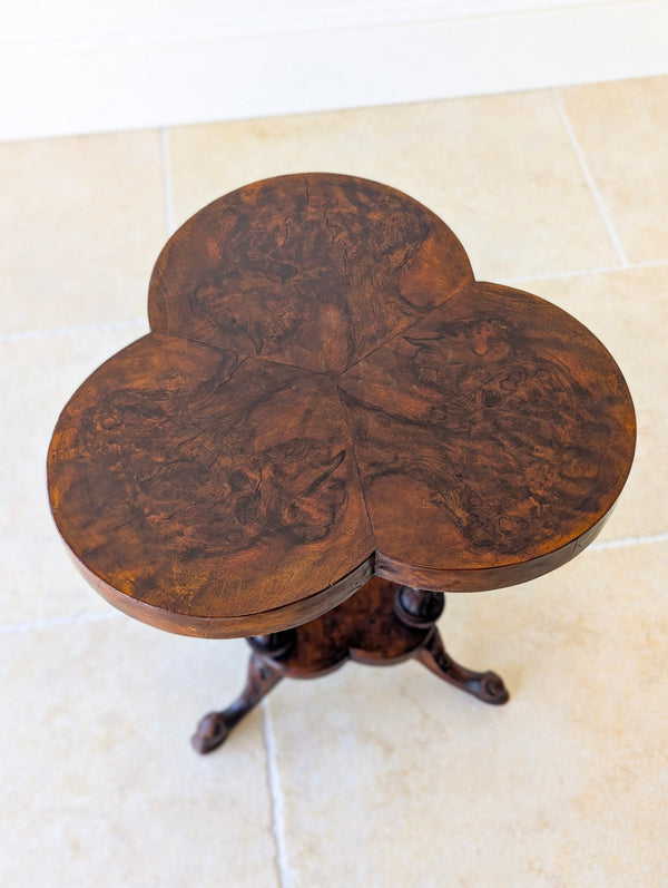 Antique Victorian Burr Walnut Trefoil Occasional Table c.1860