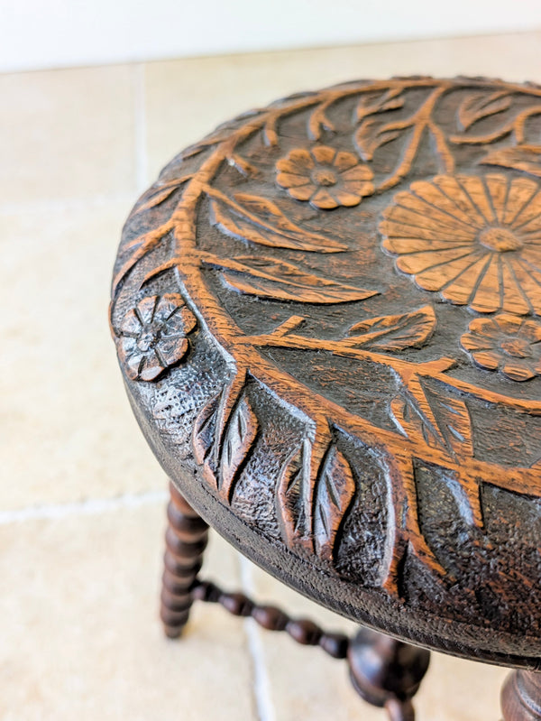 Antique Victorian Carved Oak Tripod Stool c.1890