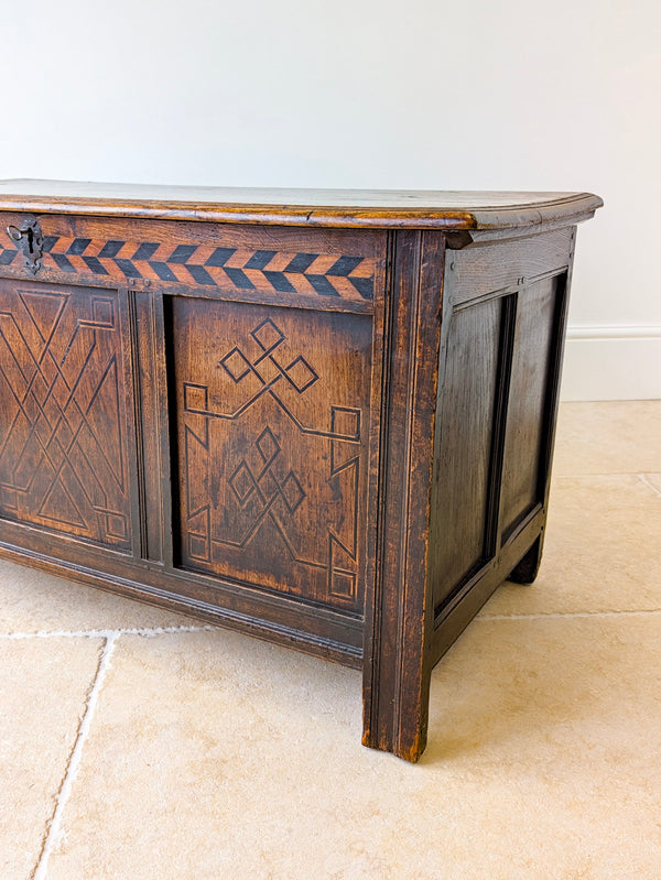 Antique Charles II West Yorkshire Inlaid Oak Coffer c.1680