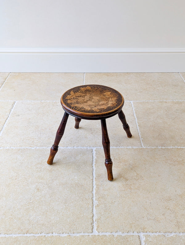 Antique Late Victorian Beech & Ash Pokerwork Stool c.1890