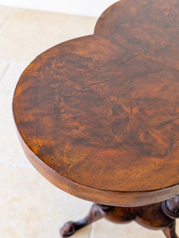 Antique Victorian Burr Walnut Trefoil Occasional Table c.1860