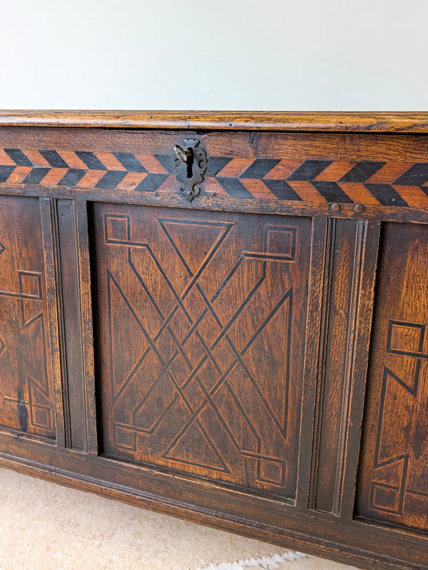 Antique Charles II West Yorkshire Inlaid Oak Coffer c.1680
