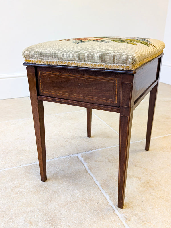 Antique Edwardian Inlaid Mahogany Piano Stool by Jas Shoolbred c.1905