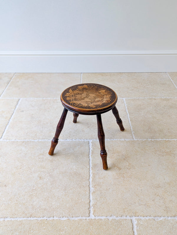 Antique Late Victorian Beech & Ash Pokerwork Stool c.1890