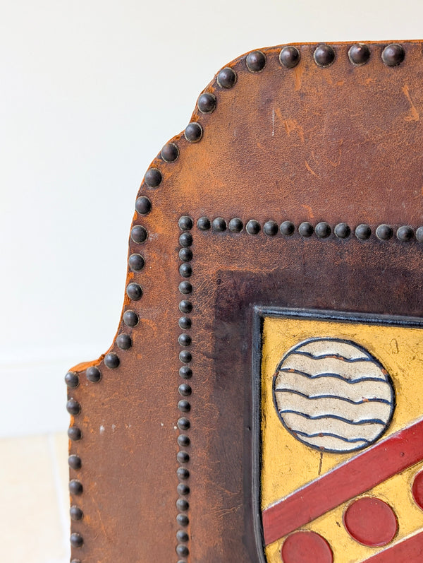 Antique Oak & Leather Malvern College Heraldic Fire Screen c.1920