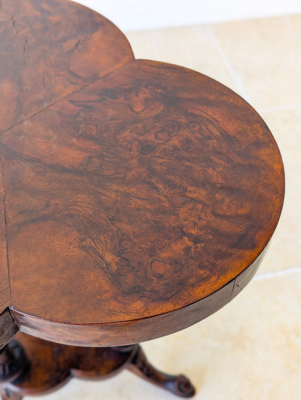 Antique Victorian Burr Walnut Trefoil Occasional Table c.1860
