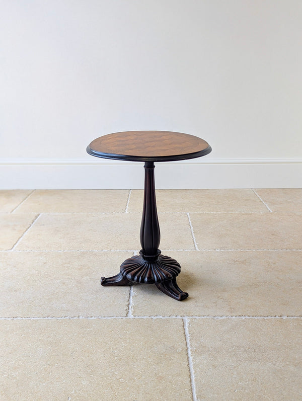 Antique William IV walnut and mahogany tripod wine table with an optical cube parquetry top, reeded baluster stem, gadrooned base, and swept tripod legs.