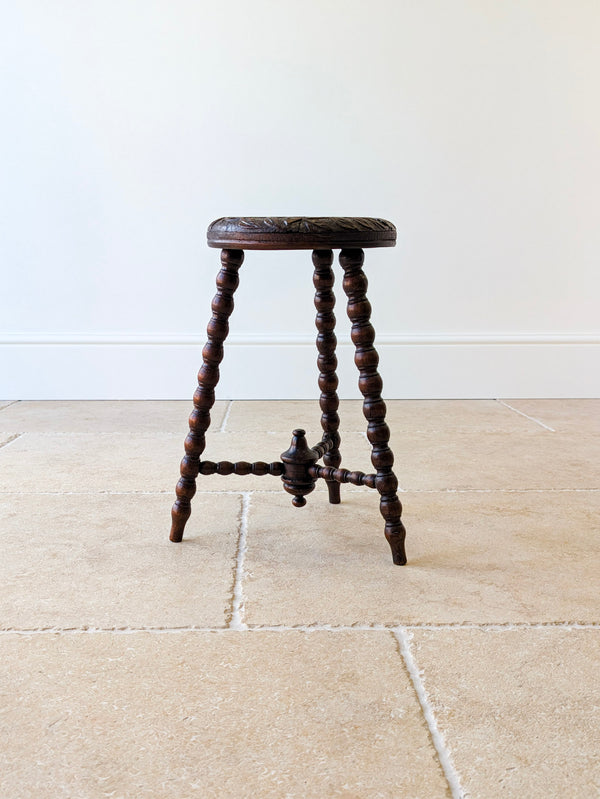 Antique Victorian Carved Oak Tripod Stool c.1890