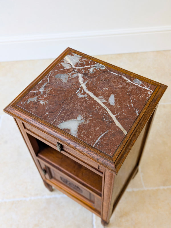 Antique French Oak Bedside Cabinet with Marble Top c.1900