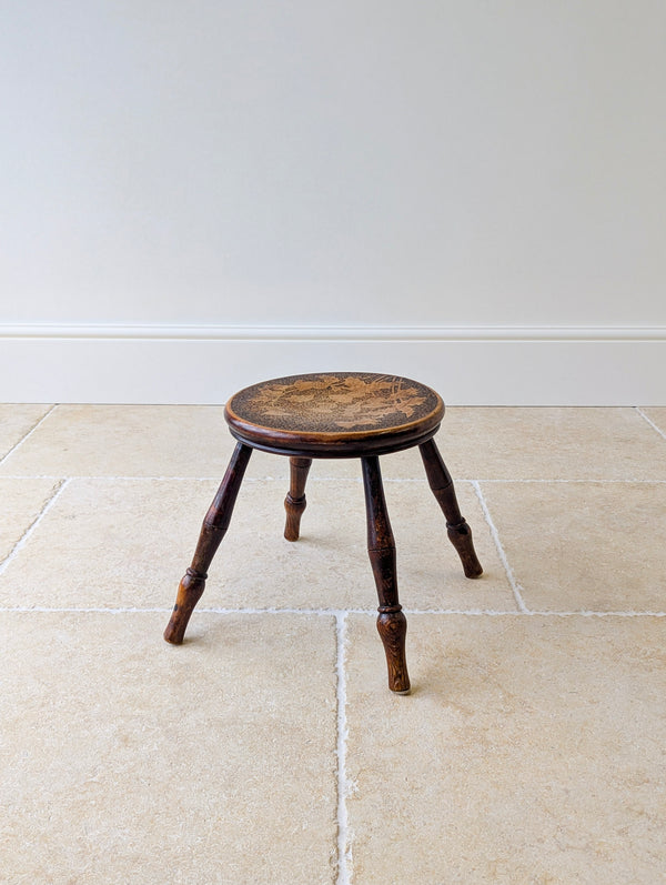 Antique Late Victorian Beech & Ash Pokerwork Stool c.1890