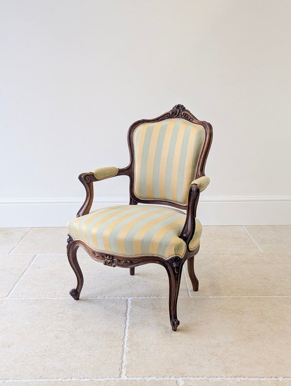 Pair of Antique Victorian Walnut Louis XV Style Open Armchairs c.1880