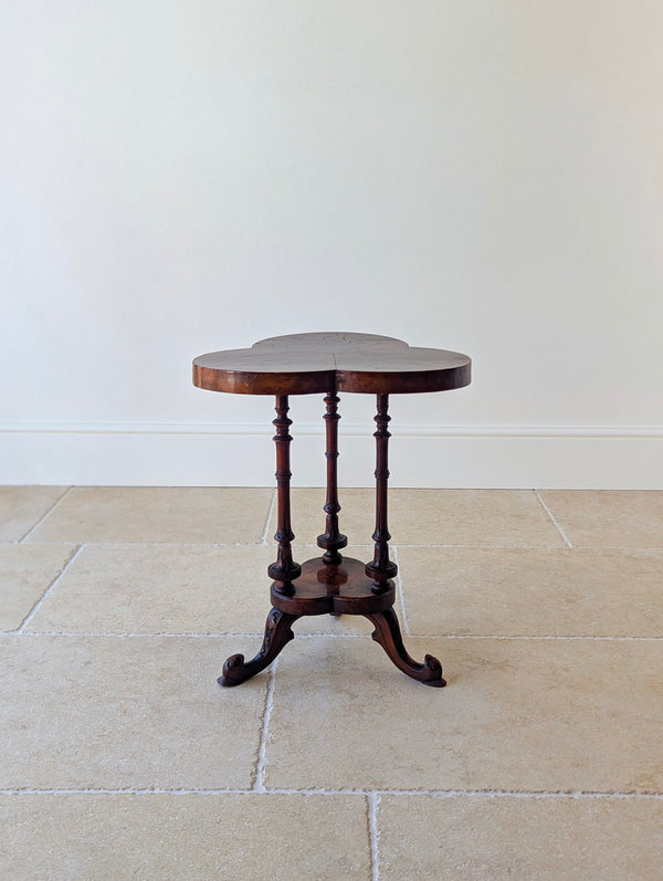 Antique Victorian Burr Walnut Trefoil Occasional Table c.1860