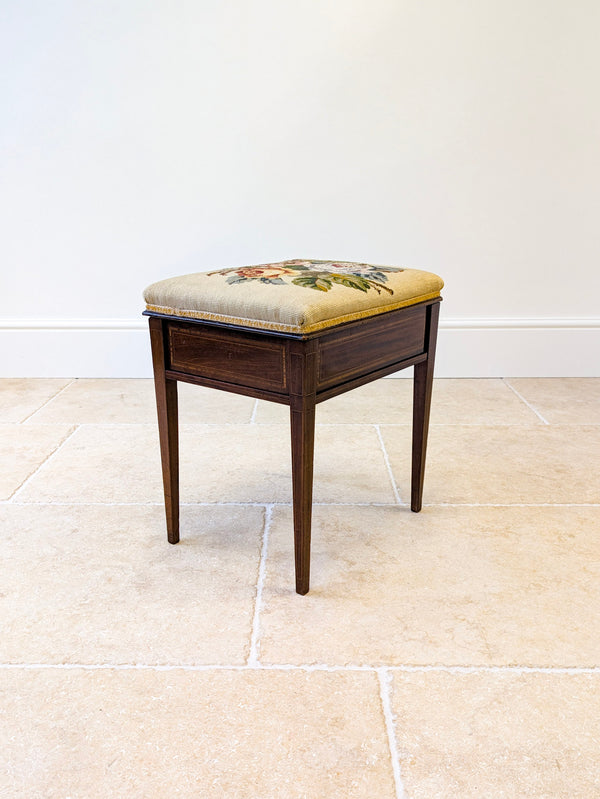 Antique Edwardian Inlaid Mahogany Piano Stool by Jas Shoolbred c.1905